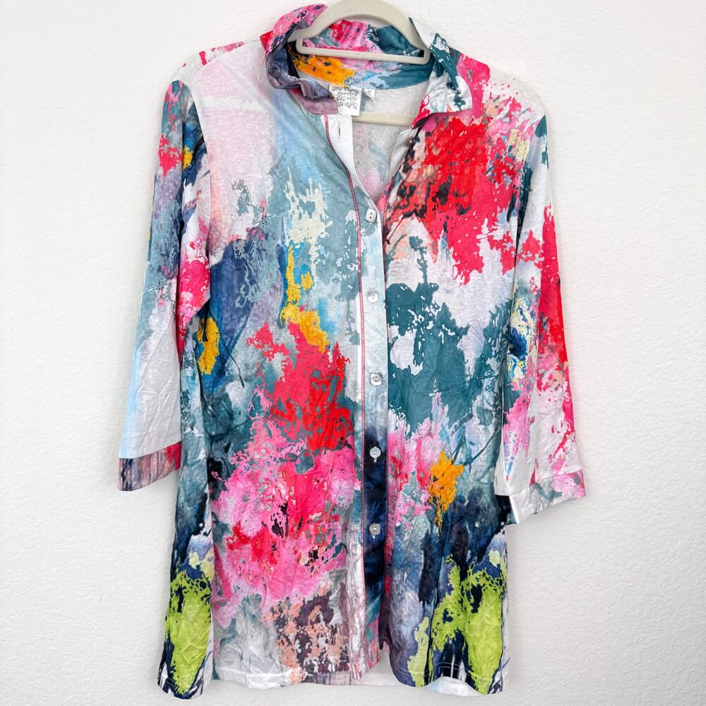Parsley & Sage Womens Button Shirt Blouse Size M Artsy Watercolor Flowy White